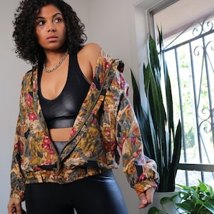 90s Silk Windbreaker | Vintage Silk Jacket | Geometric Floral Print Jacket | Medium