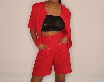 80s Does 50s Raspberry Rayon Short Set: Vintage Two-Piece Romper (M)