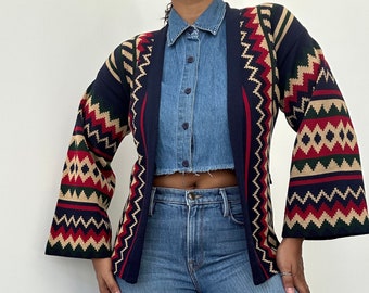 70s  Missoni Print Cardigan | Vintage Open Front Cardigan | 70s Rainbow Sweater | 70s Bell Sleeve Sweater Cardigan | Medium