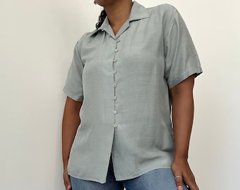 Sage Green Silk Button Up | 90s Silk Shirt | Vintage Silk Blouse | Medium Large