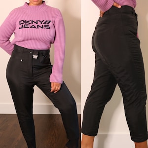 Y2K Vintage Black Pants | Sportina Snow Pants | High Waist Tapered Pant | Stirrup Snow Pant | Black Winter Pants | 31&quot; Waist Size 12 Large