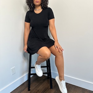 90s Black Baby Doll Dress | Vintage Minimalist Black Dress | Ribbed Knit Stretch Dress | Stretchy Cap Sleeve Dress | Medium Large