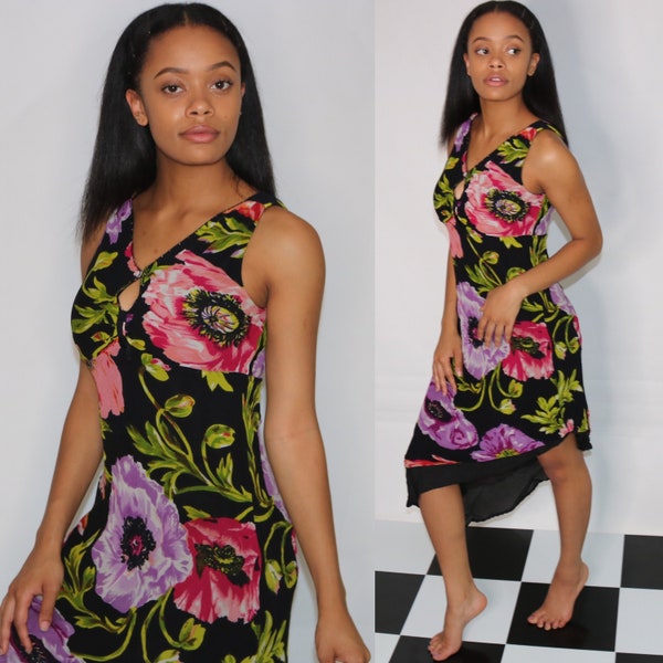 Vintage Floral Dress | Y2K Vintage Dress |  Jumbo Flower Print | Slant Hem Dress | A Symmetrical Dress | Floral Tank Dress | Small Medium