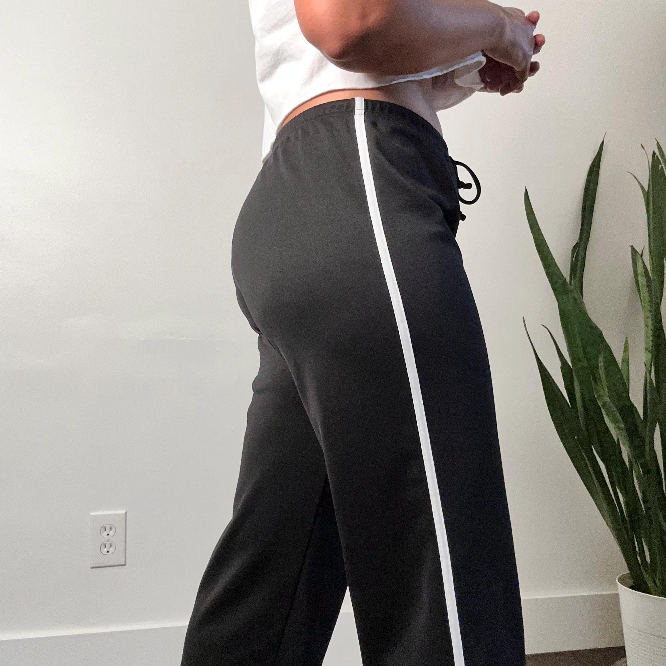 Y2K Black Track Pants: White Pinstripe Wide Leg Joggers (large