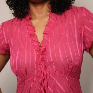 Y2K Hot Pink Blouse Vintage Ruffle Blouse Sheer Pink Blouse Y2K Tie Up Blouse Medium Large image 7