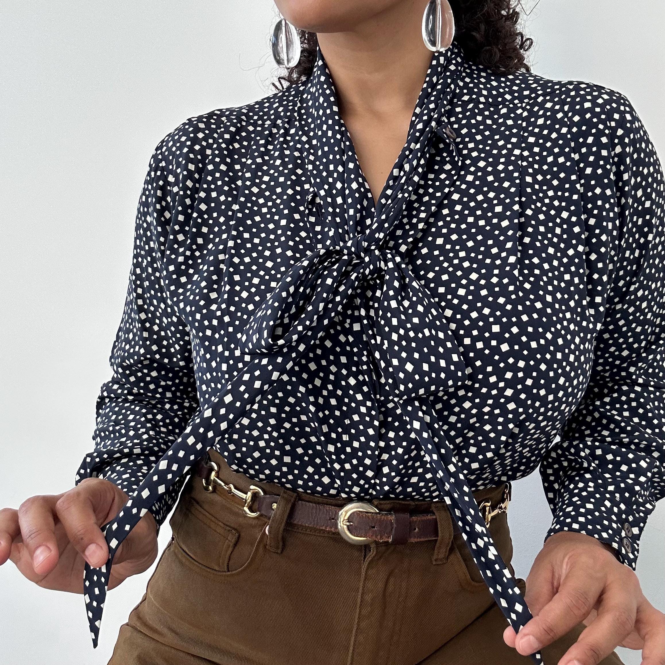 80s Evan Picone Navy Blue and White Diamond Print Pussybow Blouse