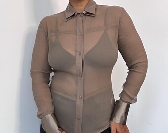 Y2K Sheer Black Silk Blouse: Oversized Cuffs, Express Style