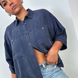 90s Silk Blouse | Navy Silk Blouse | Reworked Vintage Blouse | Box Cut Silk Blouse | Oversized Blouse | Button Up Silk Blouse | Large XL
