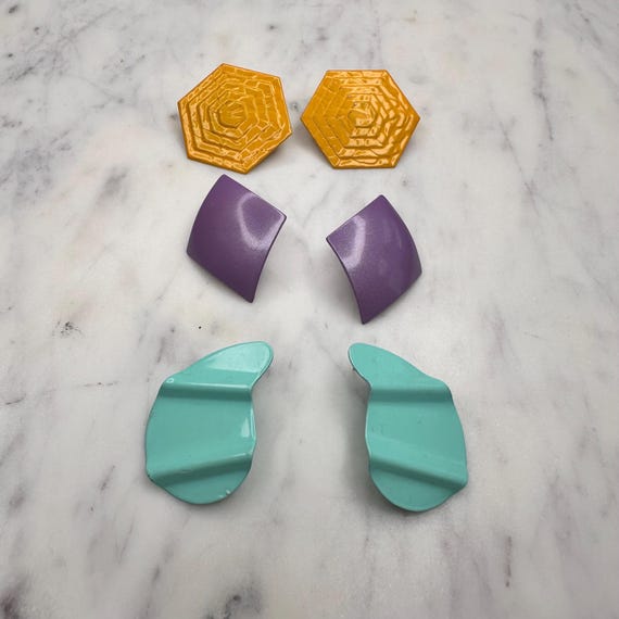 90s Colorful Metal Art Deco BOLD COLORED Earrings