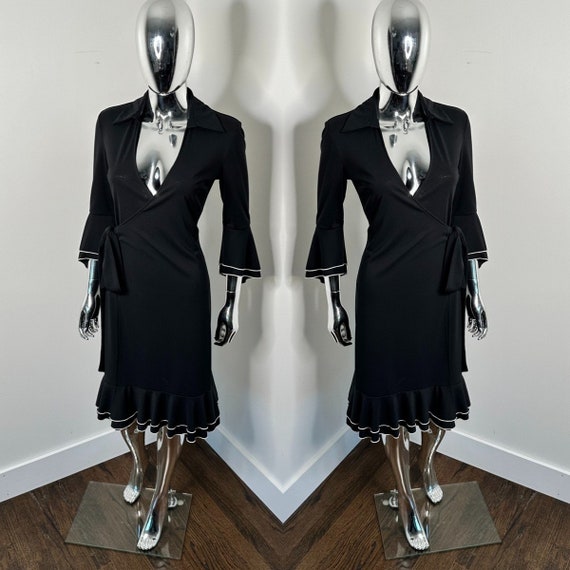 Y2K Black Wrap Dress | Ruffle Sleeve Wrap Dress | 