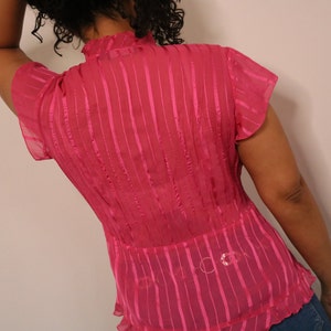 Y2K Hot Pink Blouse Vintage Ruffle Blouse Sheer Pink Blouse Y2K Tie Up Blouse Medium Large image 6