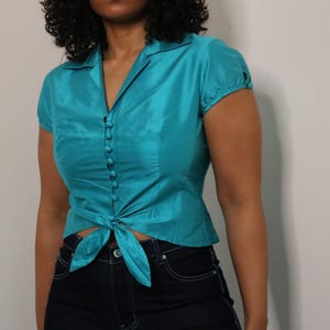 Y2K Silk Blouse | Teal Blue Silk Button Up |