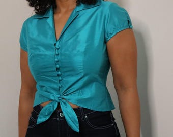 Y2K Silk Blouse | Teal Blue Silk Button Up |