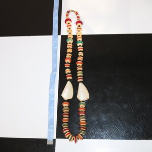 1970s 70s Vintage Wooden Beaded Necklace Shell Beads Rainbow Multi Color Beige Taupe Purple Orange Green Red Long image 3