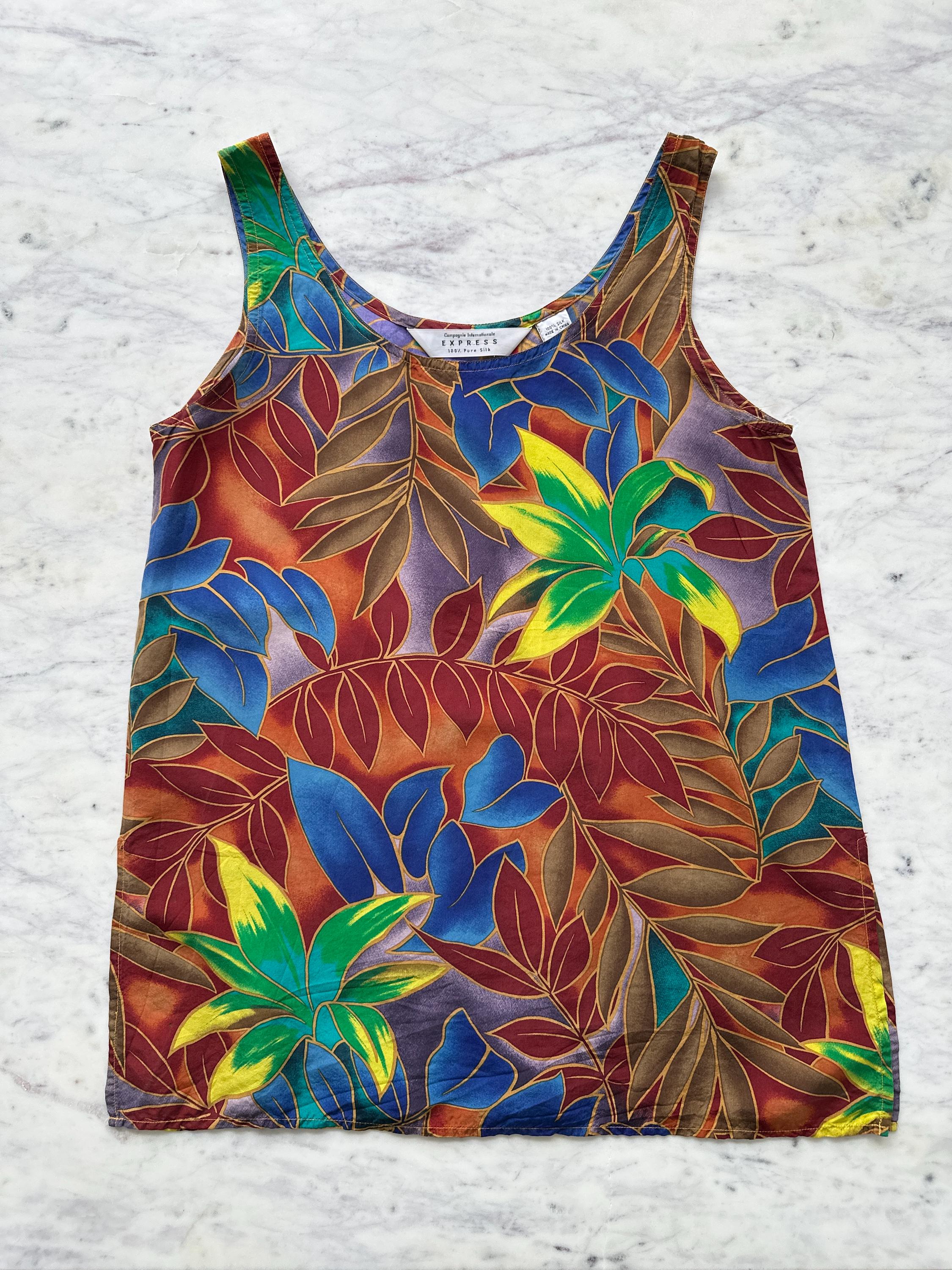 90er Jahre Express Seiden Tank Top mit Tropen Print | Klein, mittelgroß