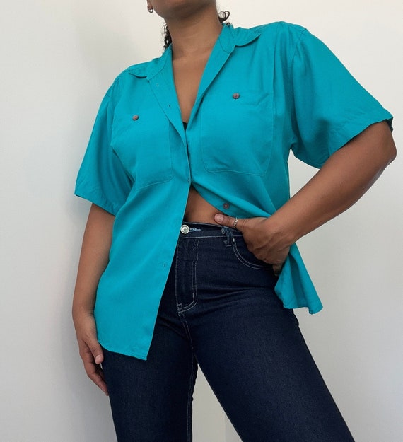 90s Teal Button Up | Vintage Blouse Button Up | 90