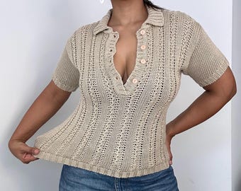 90s Linen Blend Knit Henley Top | Small Medium