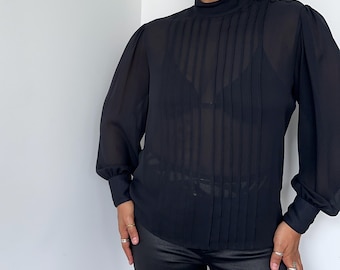 80s Front Pleated Black Blouse | Size 14 Extra Large