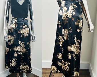 Y2K Rose Print Maxi Skirt | High Waist Sepia Floral Print Skirt | Black and Brown Floral Print Skirt | Rose Print Satin Skirt | Medium