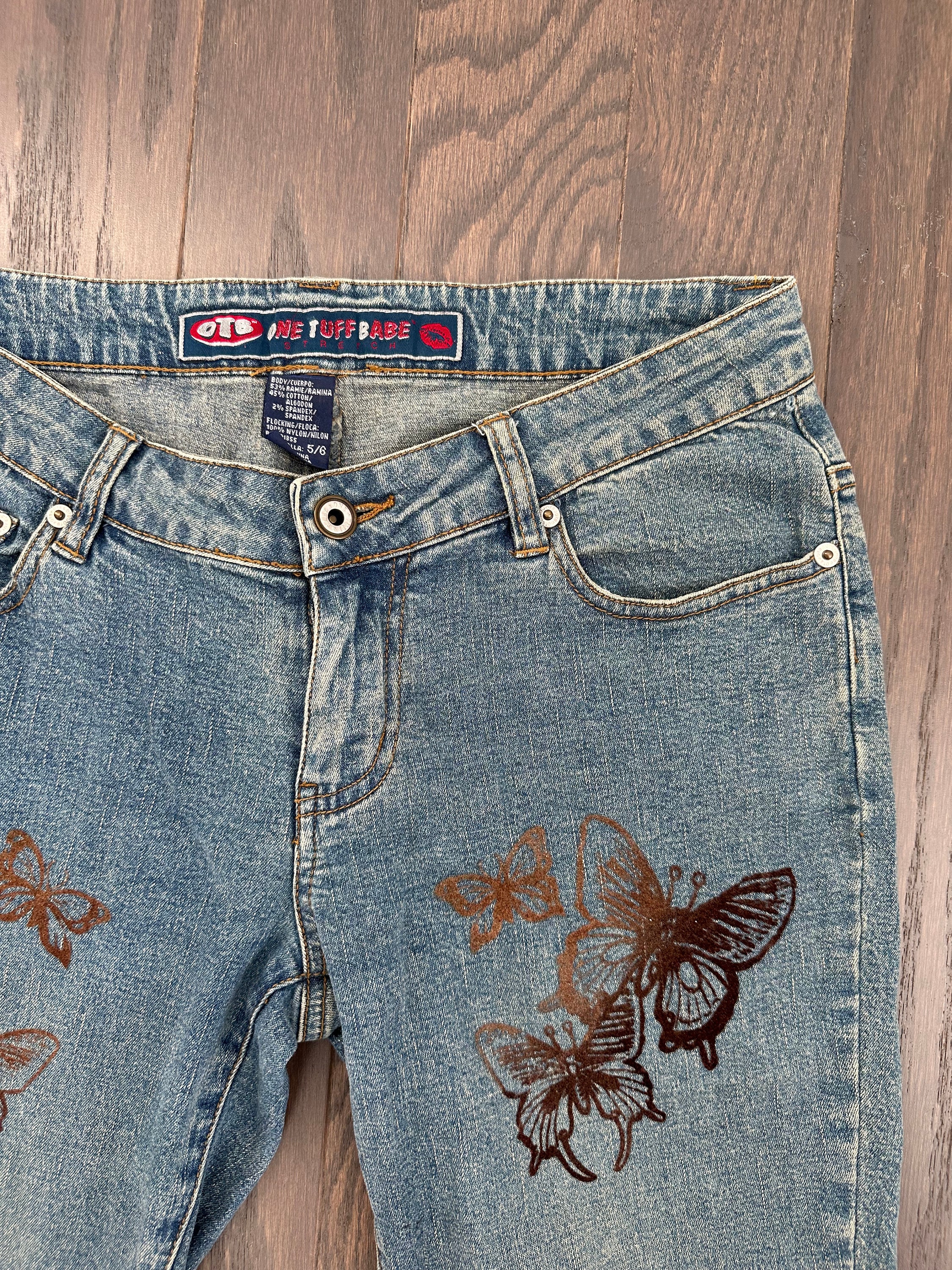 Y2K Butterfly Jeans Vintage Butterfly Flare Jeans Bell Bottom Jeans Y2K Low  Rise Jeans Size 6 Medium 