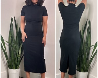 90s Black Maxi Dress | Mock Neck Body-Con Maxi Dress | The Craft Dress | Vintage Black Fitted Dress |