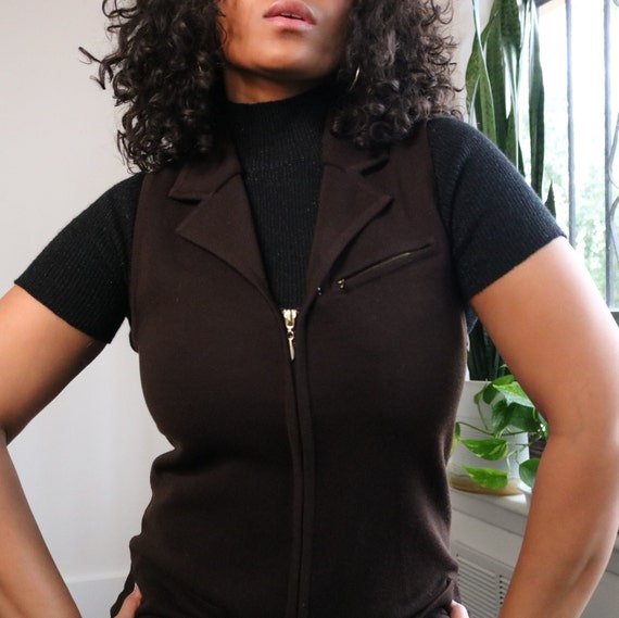 90s Chocolate Brown Sweater Dress: Vintage Zip-Up Wool Blend