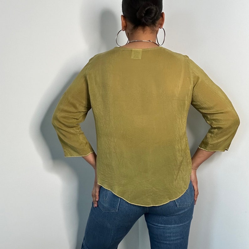 90s Chartreuse Silk Blouse Vintage Silk Crop Top Green Silk Button Up Medium image 4