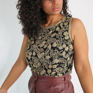 Vintage Sequin Bodysuit: 90s Beaded Leaf Floral Top (M/L)