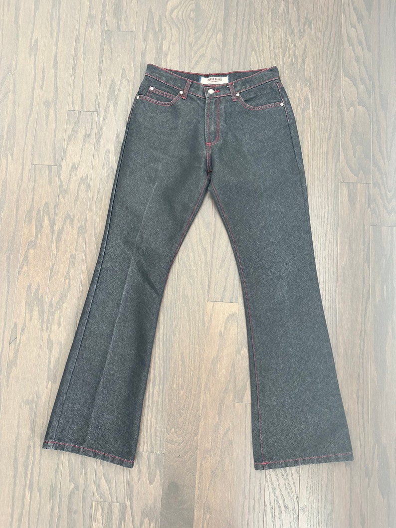Y2K Black Jeans Red Stitching Details Paris Blues Black Denim Flares Size 7 Medium Made in U.S.A image 2