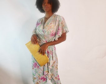80s Tiger Lillies Dress Floral Print Dress Draped Bell Sleeve Botany Print Dress Small Dress 2 4 6