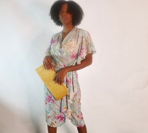 80s Tiger Lillies Dress Floral Print Dress Draped… - image 1