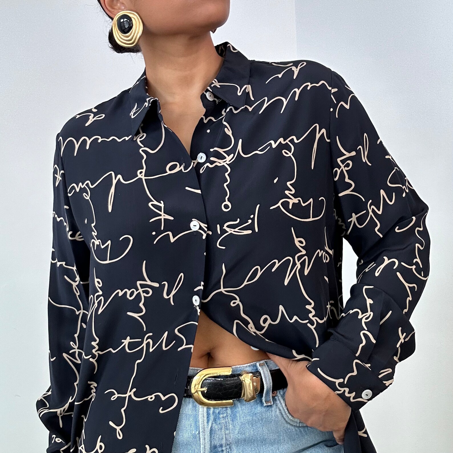 Calligraphy Print Silk Blouse | Deep Navy Silk Button up | Size 14 ...