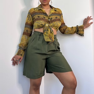 90s High Waist Olive Green Silk Shorts | Small Medium