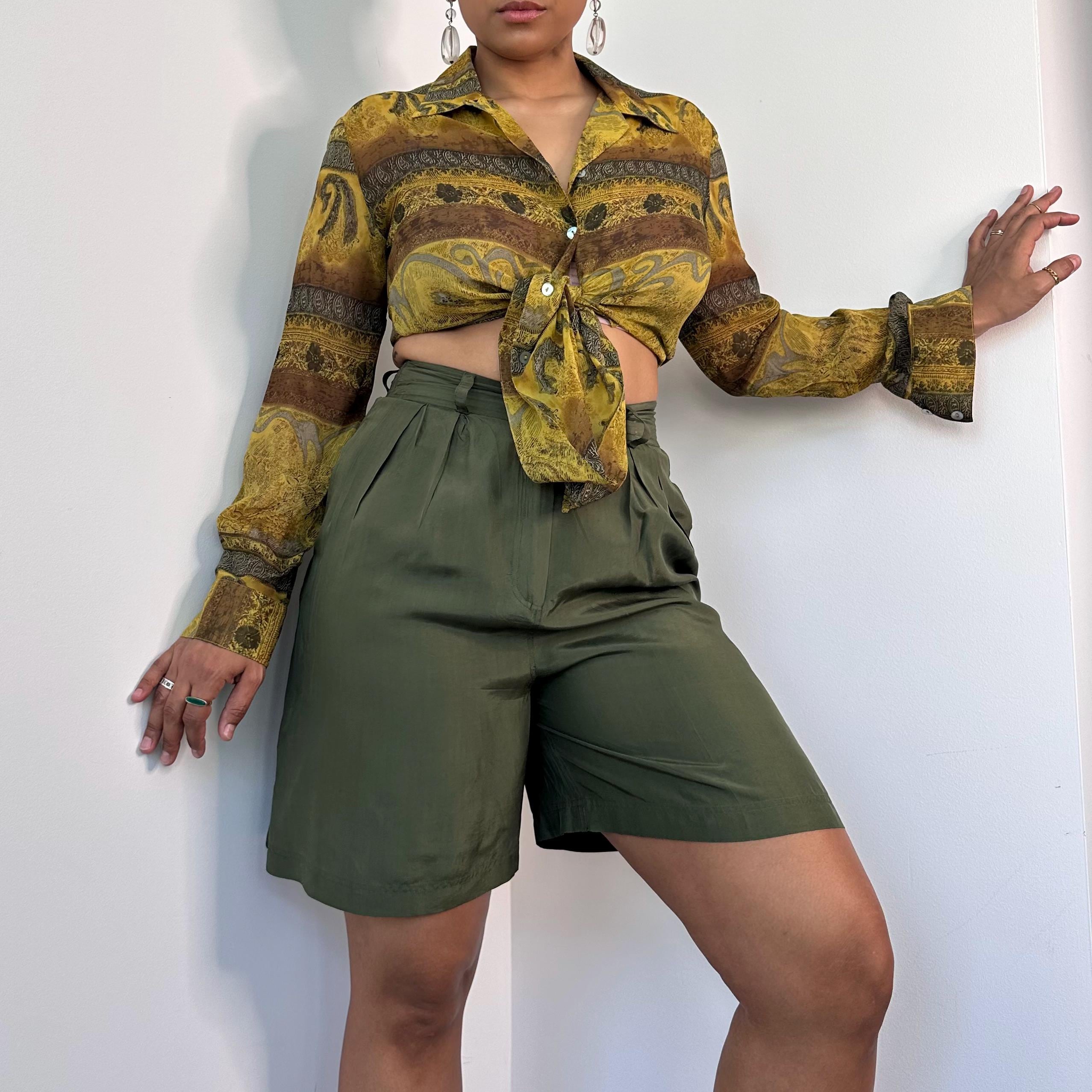 90s High Waist Olive Green Silk Shorts | Small Medium - Etsy