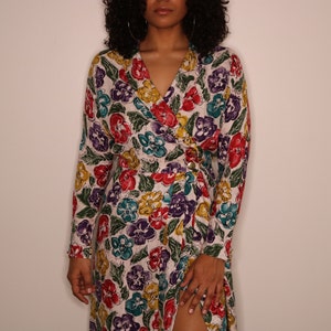 80s Silk Dress | Silk Wrap Dress | Rose Print Silk Dress | Floral Wrap Dress | Cream Dress | Rainbow Color Silk Dress | Size 8 Medium Large