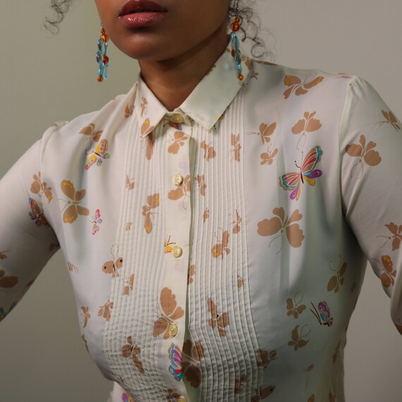 70s Button Up | Butterfly Print Blouse | 70s Novel