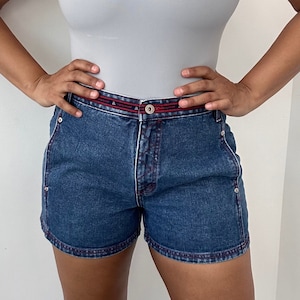Y2K Denim Shorts with Red Stitching | Cotton Dark Wash Denim Shorts | High Waist Denim Shorts | Size 11 Large
