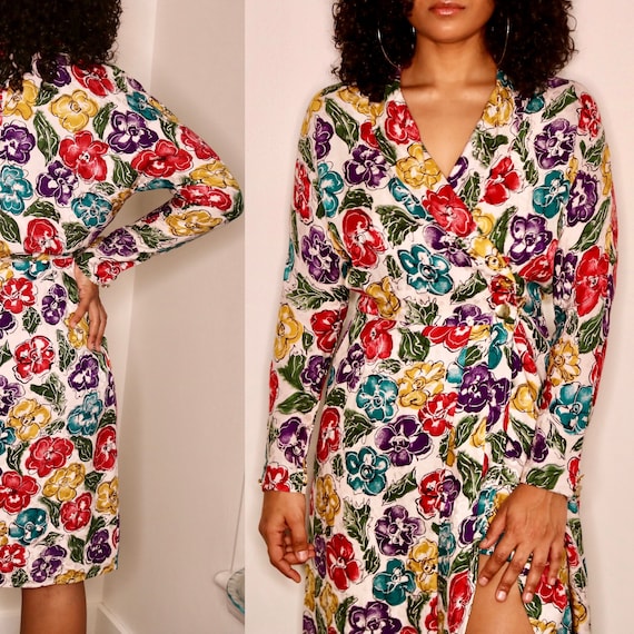 80s Silk Dress | Silk Wrap Dress | Rose Print Sil… - image 1