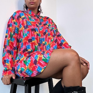 90s Art Deco Novelty Print Oversized Silk Shirt | Extra Large