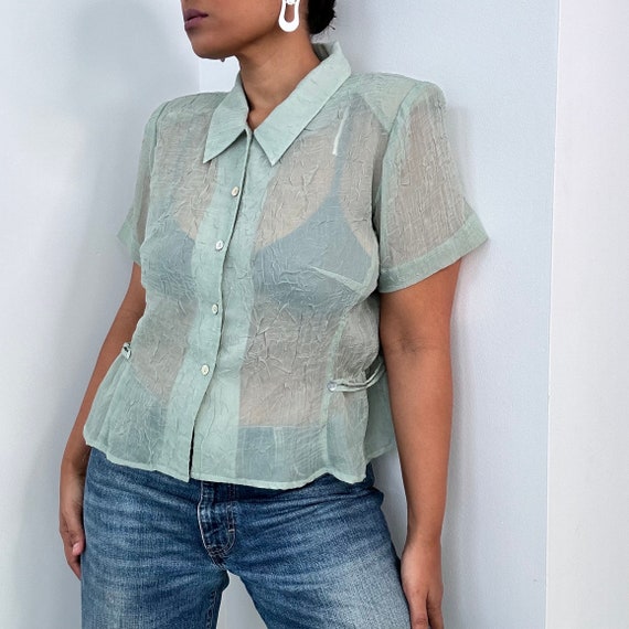 90s Mint Green Blouse | Sheer Mint Green Blouse | 