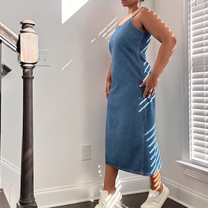 90s Denim Maxi Dress | Spaghetti Strap Denim Dress | Minimalist Denim Maxi Dress | Size 12P Large XL