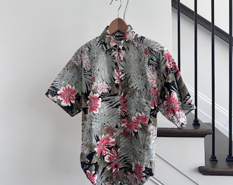 Vintage 90s Floral Hawaiian Shirt: Sage Palm Print Button Up - Small