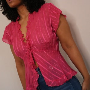 Y2K Hot Pink Blouse Vintage Ruffle Blouse Sheer Pink Blouse Y2K Tie Up Blouse Medium Large image 1