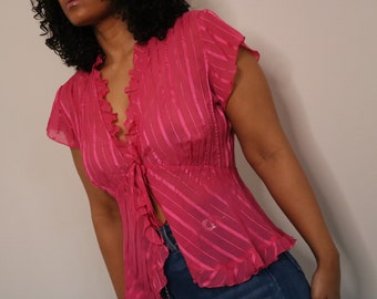 Y2K Hot Pink Blouse | Vintage Ruffle Blouse | Sheer Pink Blouse | Y2K Tie Up Blouse | Medium Large