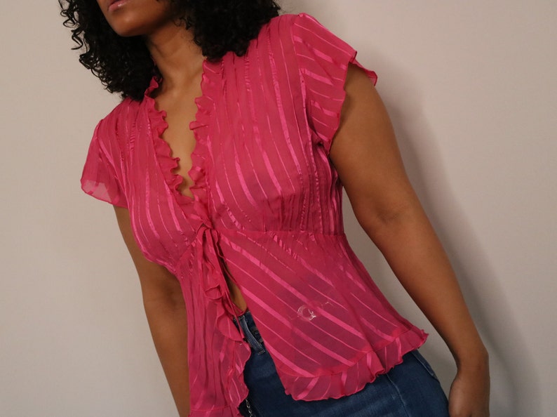 Y2K Hot Pink Blouse Vintage Ruffle Blouse Sheer Pink Blouse Y2K Tie Up Blouse Medium Large image 1