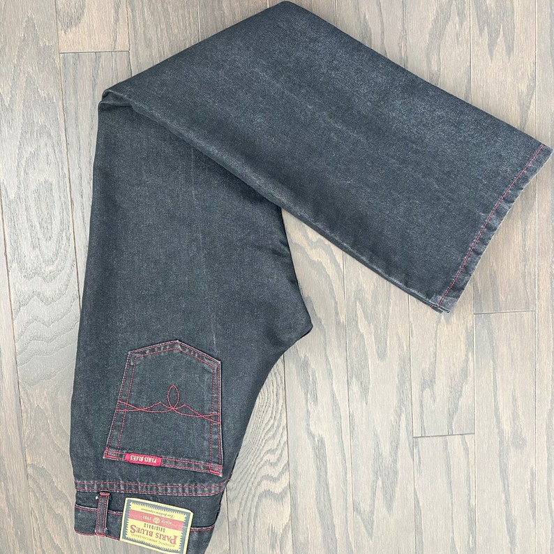 Y2K Black Jeans Red Stitching Details Paris Blues Black Denim Flares Size 7 Medium Made in U.S.A image 1