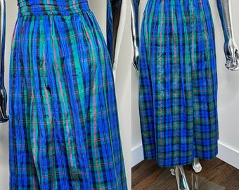 90s Plaid Silk Skirt | T-Length Silk Skirt | High Waist Silk Skirt | Blue Green Red Plaid Skirt | Size 12