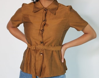 90s Metallic Blouse | Copper Brown Button Up | Vintage Safari Blouse | Bronze Blouse | Small