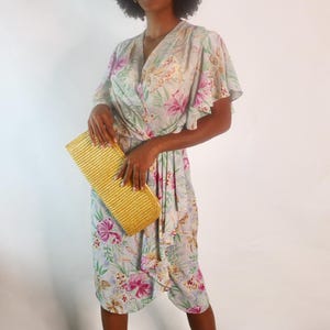 80s Tiger Lillies Dress Floral Print Dress Draped Bell Sleeve Botany Print Dress Small Dress 2 4 6
