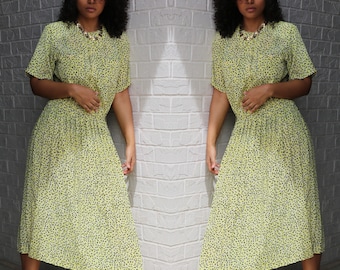 80s Pop Art Dress | Vintage Fit & Flare Dress | Pleated Dress | Art Deco Print Dress | Yellow Secretary Dress | Neon Yellow | Med Large XL